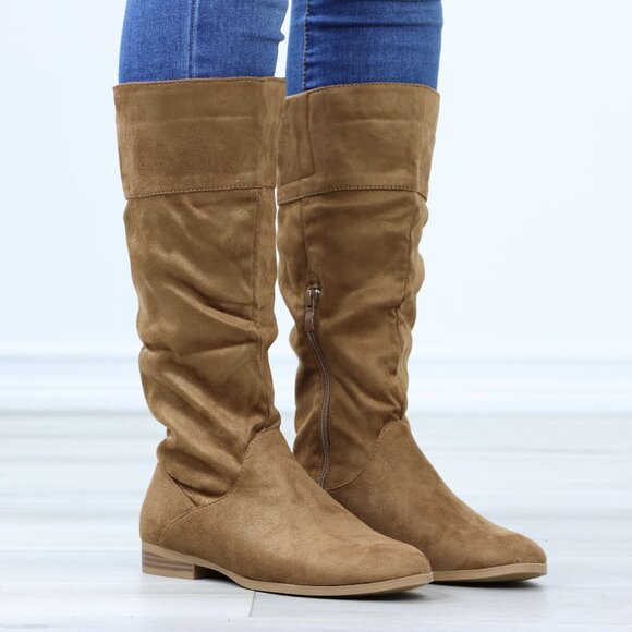 Tan Low Heel Boots Round Toe Above Ankle Mid-Calf Booties Faux Suede - Picture 2 of 12